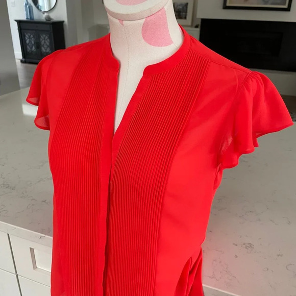 H&M Button Down Front Pleat Detail Flutter Cap Sleeve Sheer Top Orange Sz 6 - Picture 2 of 9
